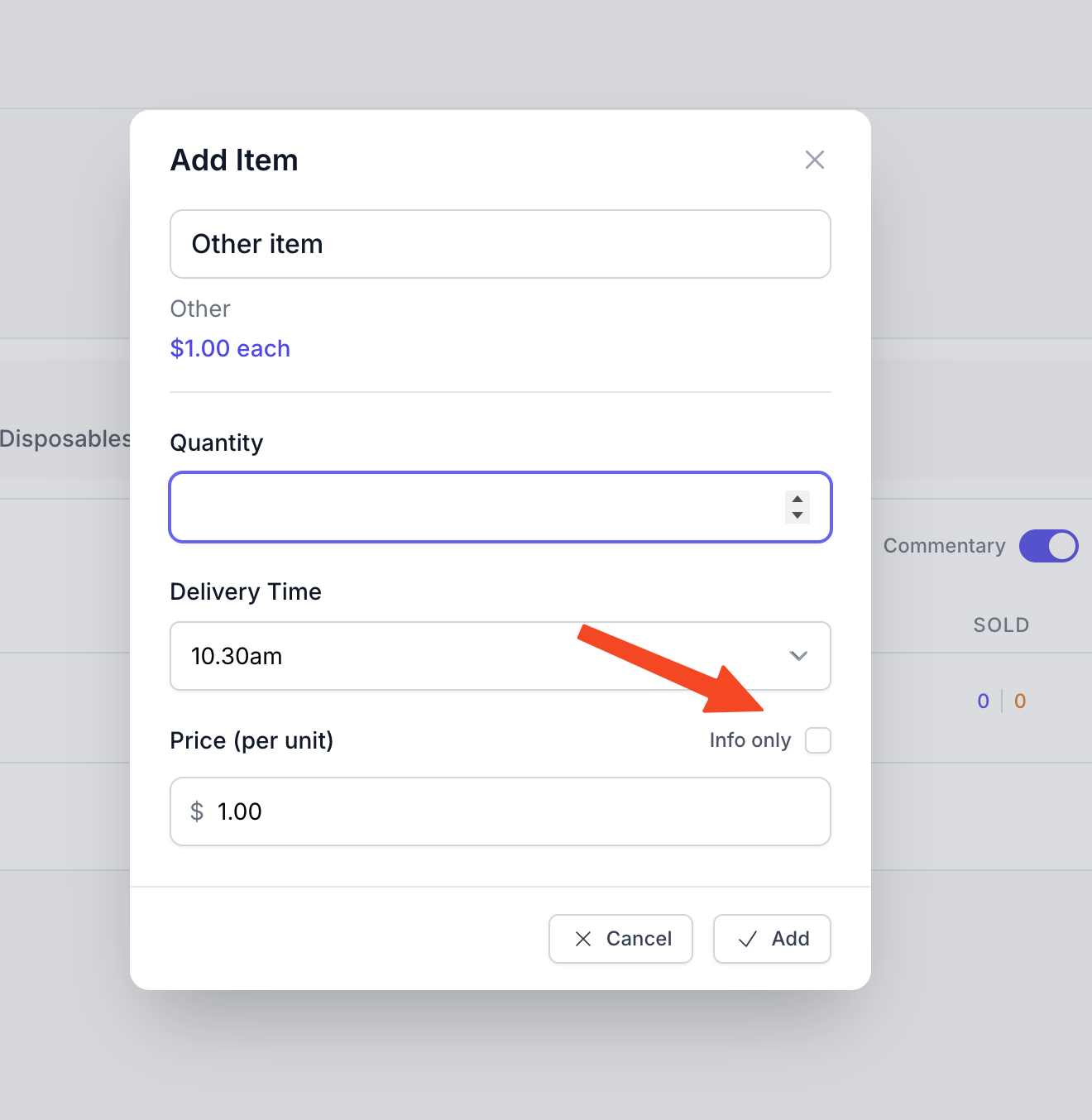 Info only checkbox in add item modal