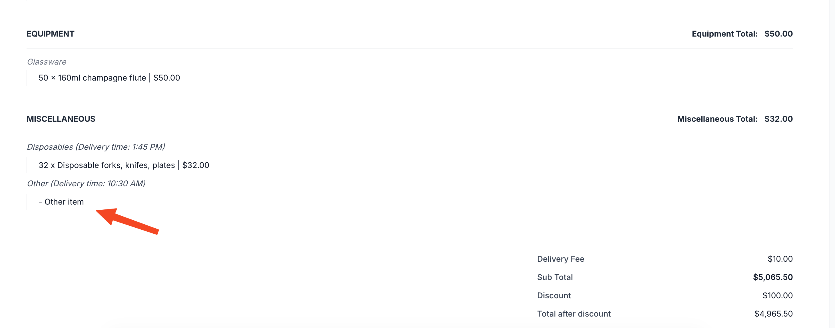 Info only item displayed on quote