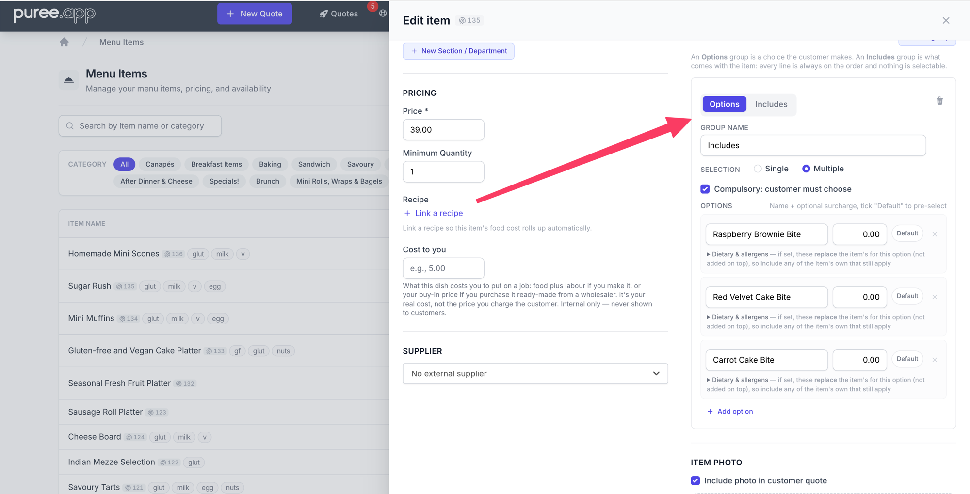 The Edit item panel with an arrow pointing to the Options / Includes toggle at the top of a group card