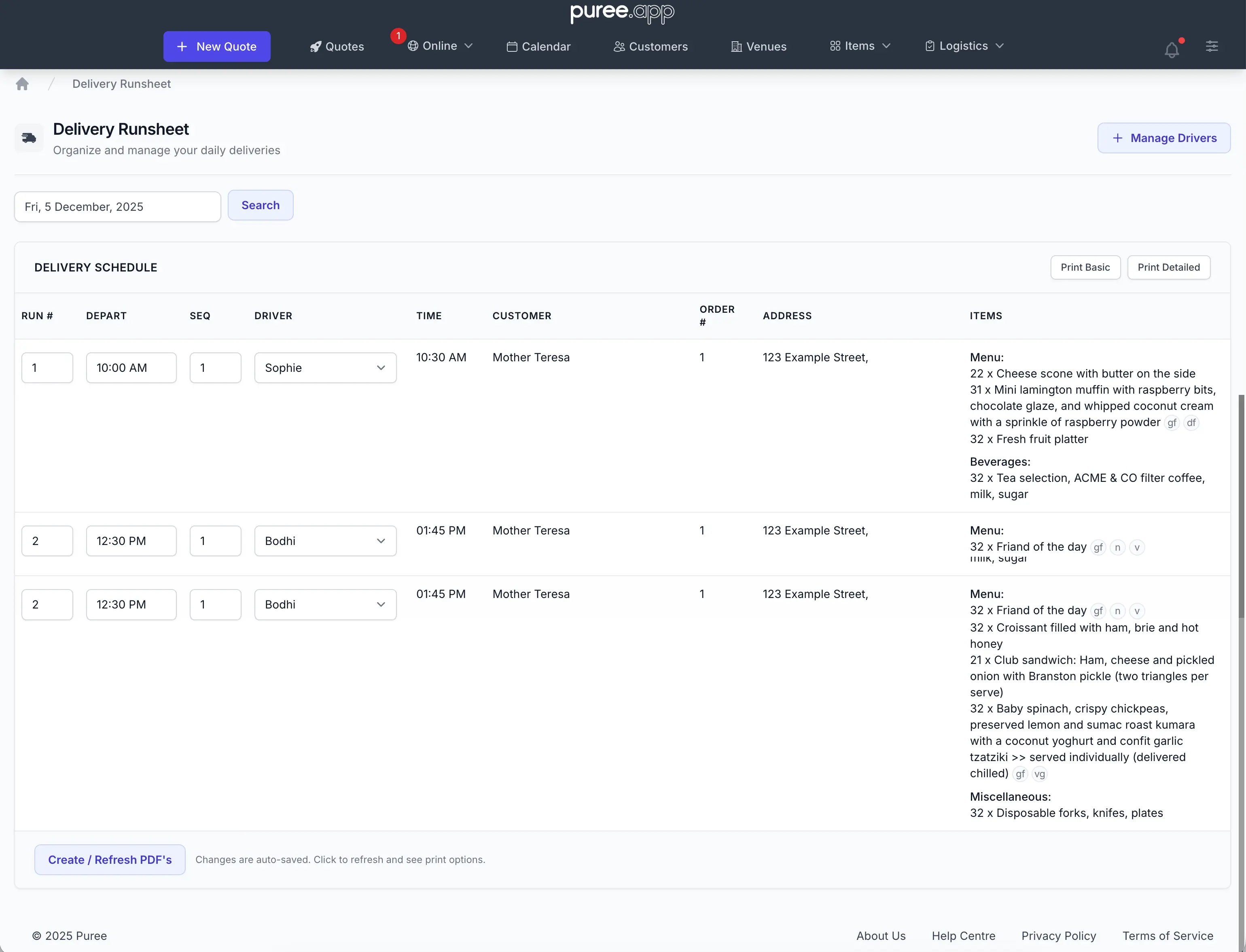 Delivery management screenshot showing run-sheets and driver dockets in Puree