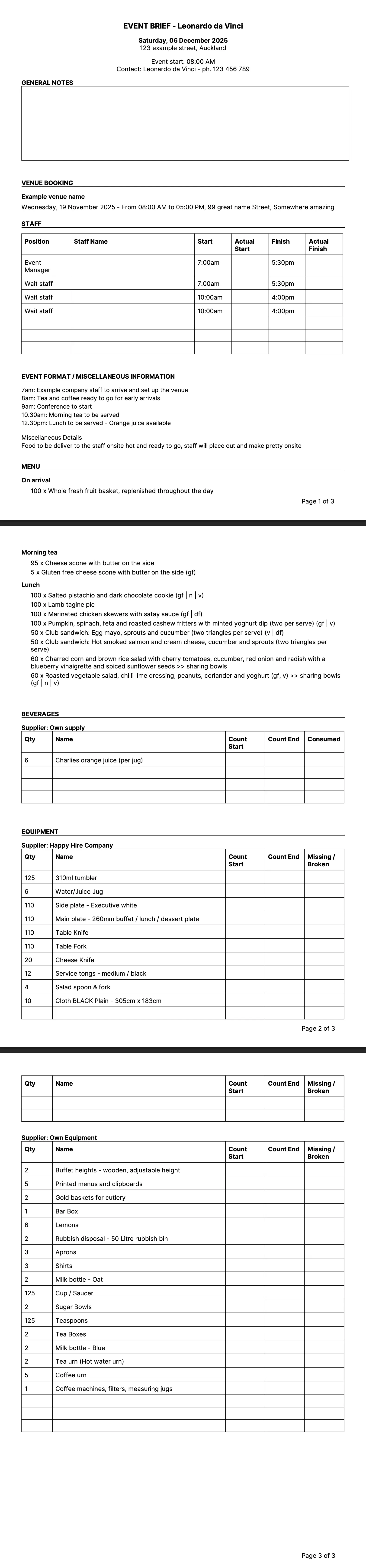 Event brief showing detailed event planning in Puree