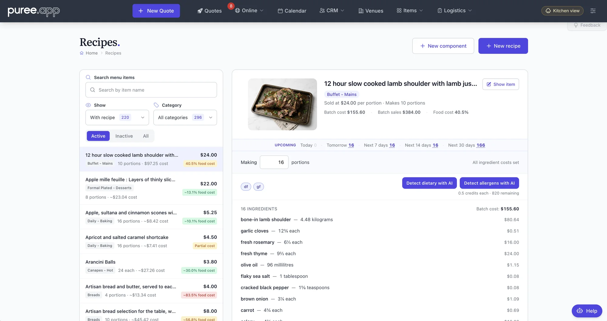 The Puree recipes page: a costed lamb shoulder recipe with batch cost, food cost percentage and ingredient costs, beside a list of recipes with their food cost