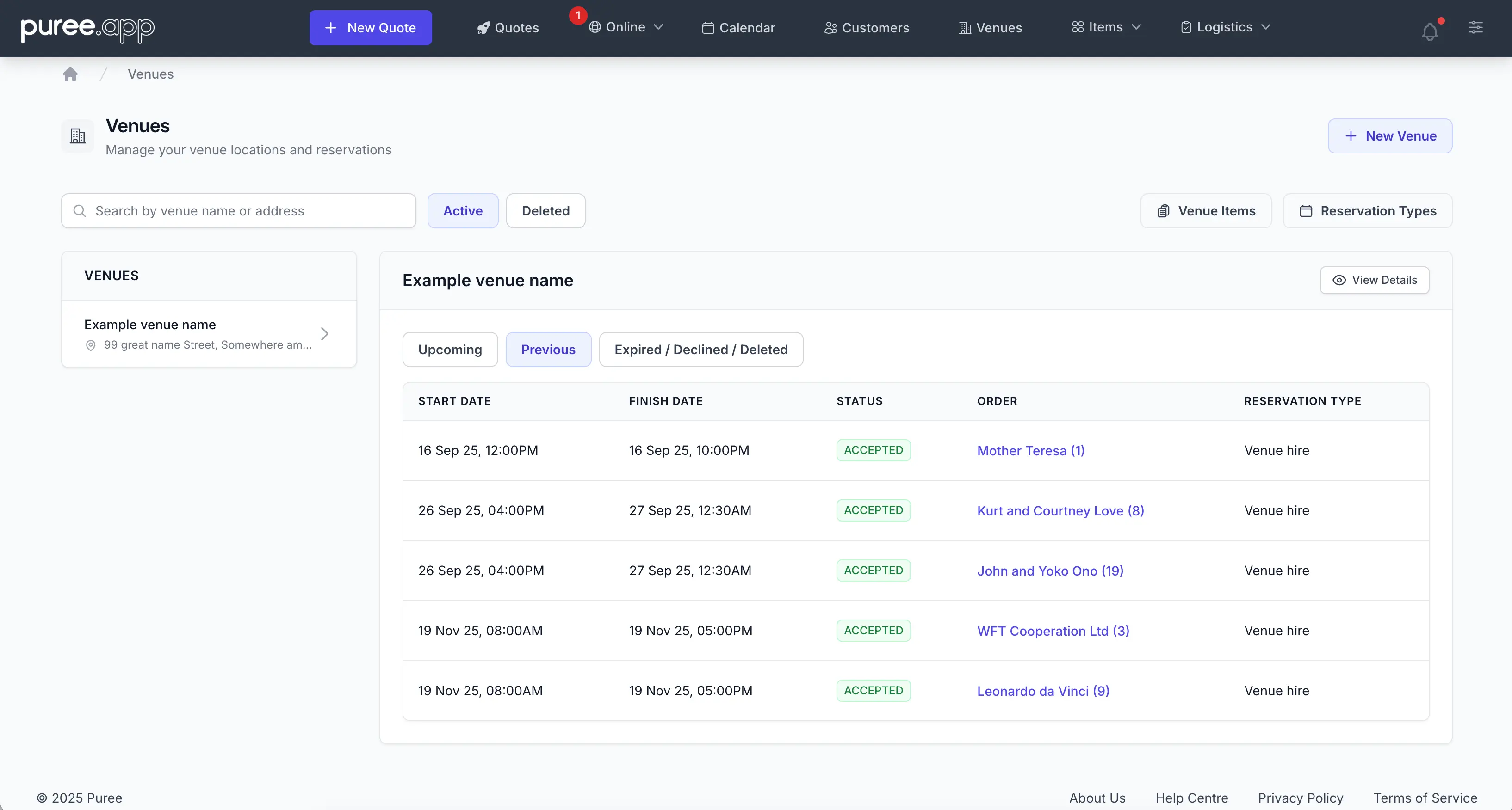 Venue management showing bookings and calendar in Puree
